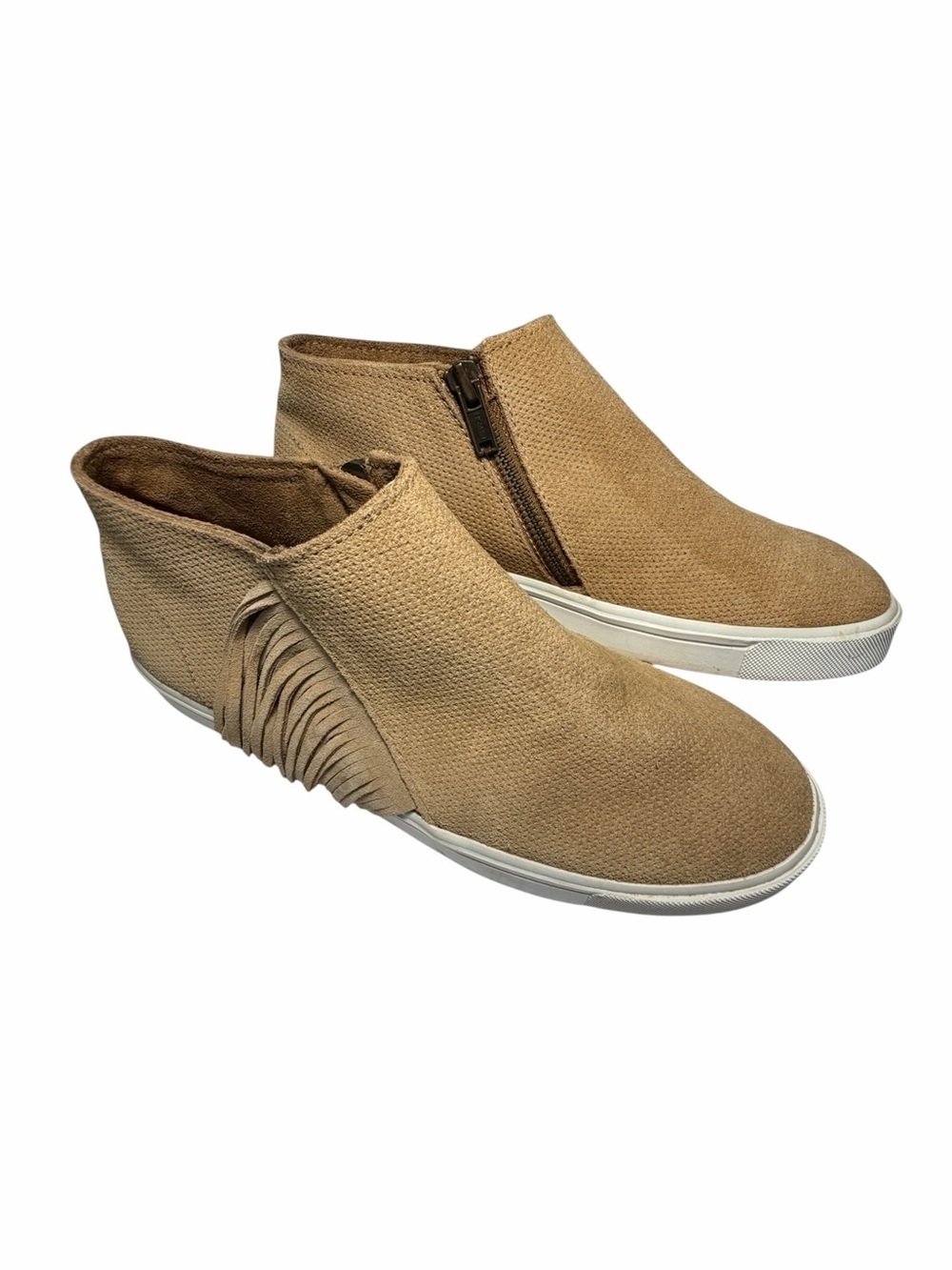 Minnetonka Tan Fringe Leather Slip-On Bootie Sneakers Womens Sz 10